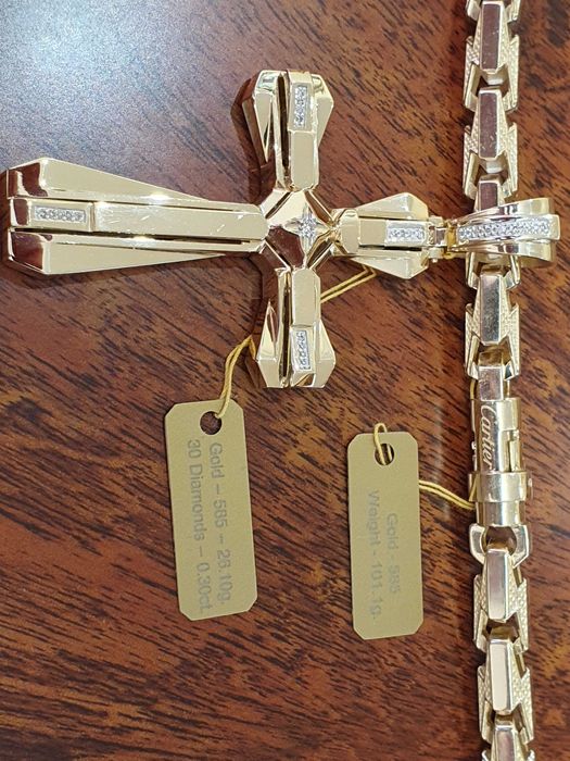 Złoty Łańcuch-127gr+KRZYŻ Z DIAMENTAMI-31szt-Złoty łańcuszek męski 585