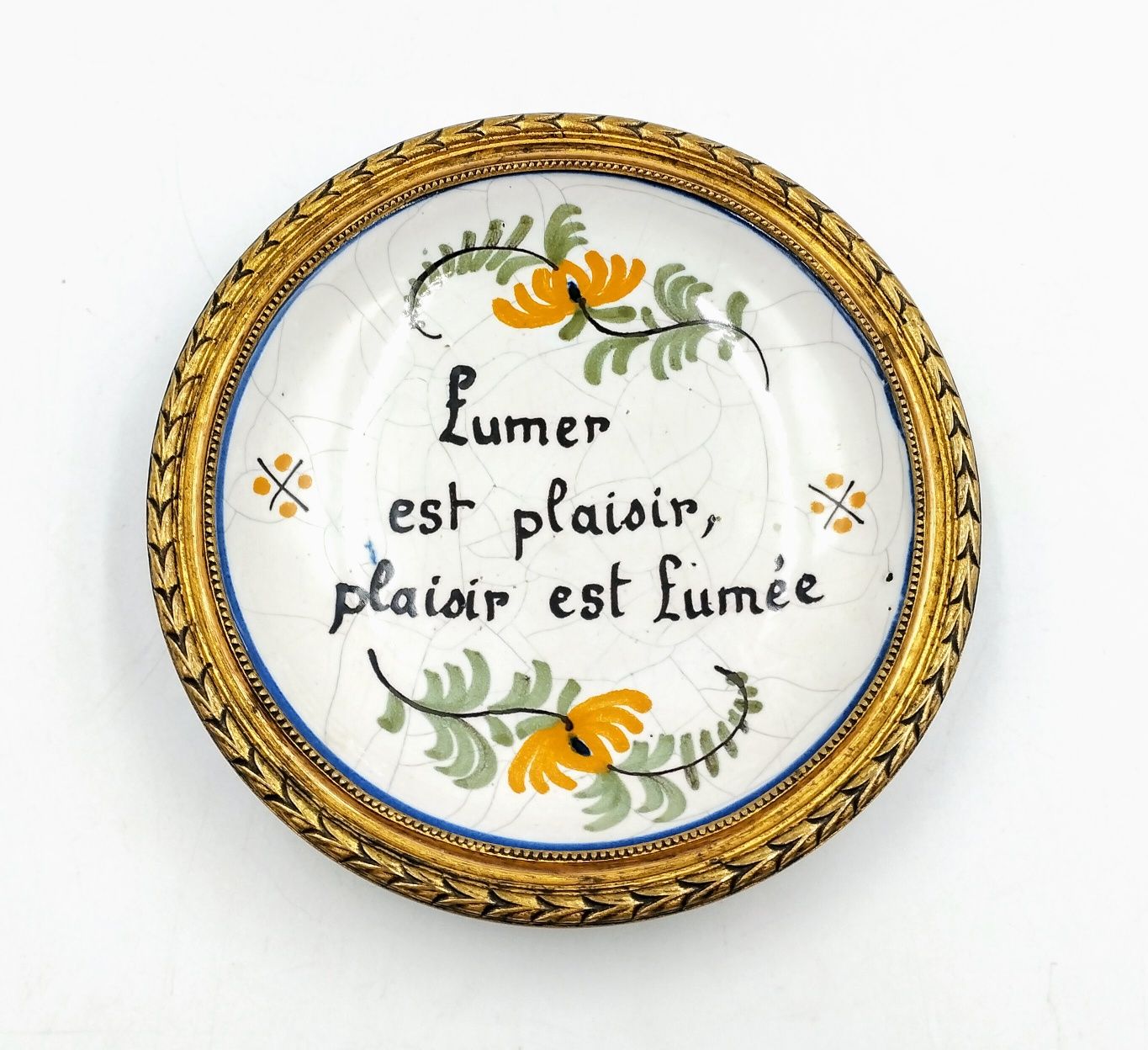 Talerzyk emaliowany ramka z brązu złoconrgo Francja folk popielniczka