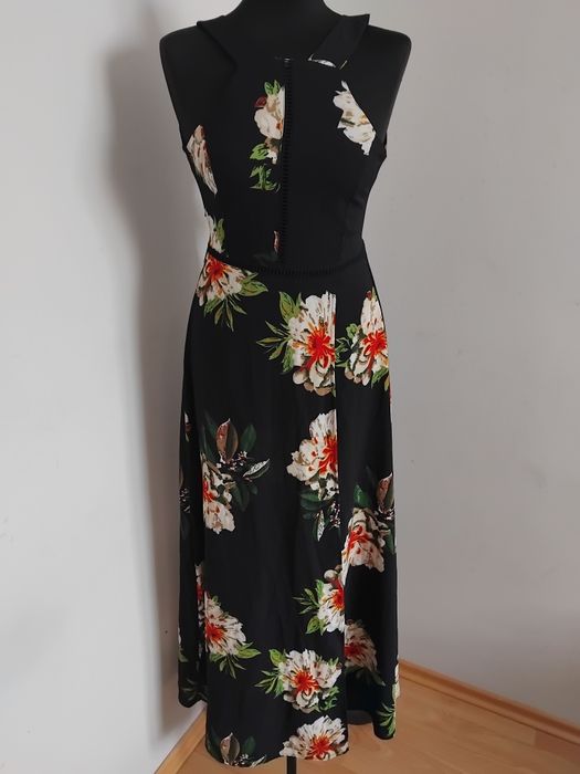 Sukienka długa maxi Czarna rozcięta XS S 34 36 kwiecista letnia