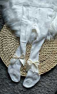Rajstopy ażurowe białe z kokardą ecru 6-12 miesięcy 74/80 cm
