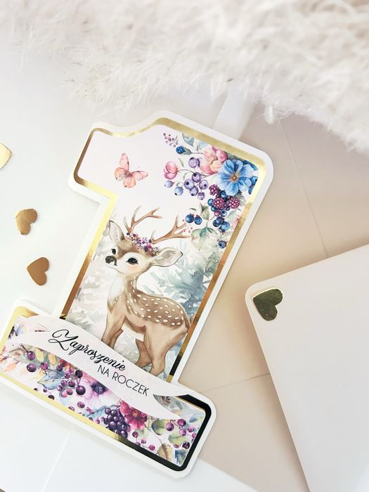 Zaproszenia w kształcie jedynki na roczek sarenka