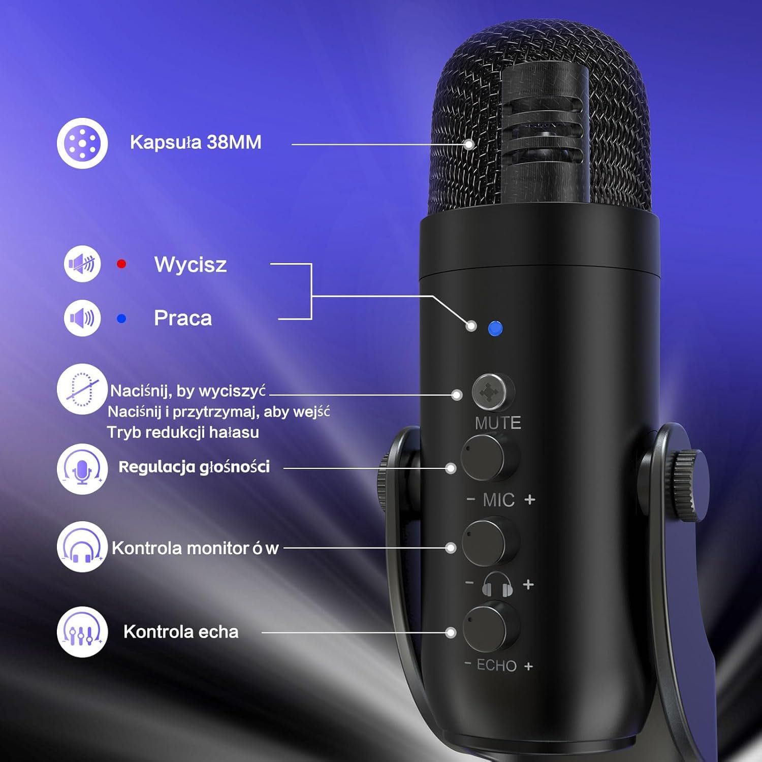 K66 Pojemnościowy mikrofon USB telefon/PC/PS4&PS5 podcasty/Twitch