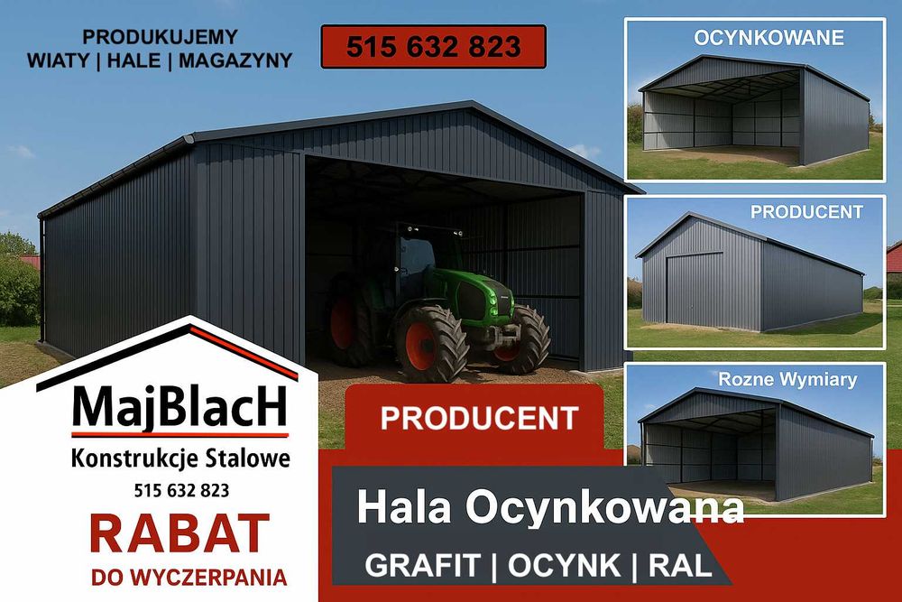 Grafitowy Garaż Blaszany na Maszyny|Wiata bez bram|Magazyn – Maj-Blach
