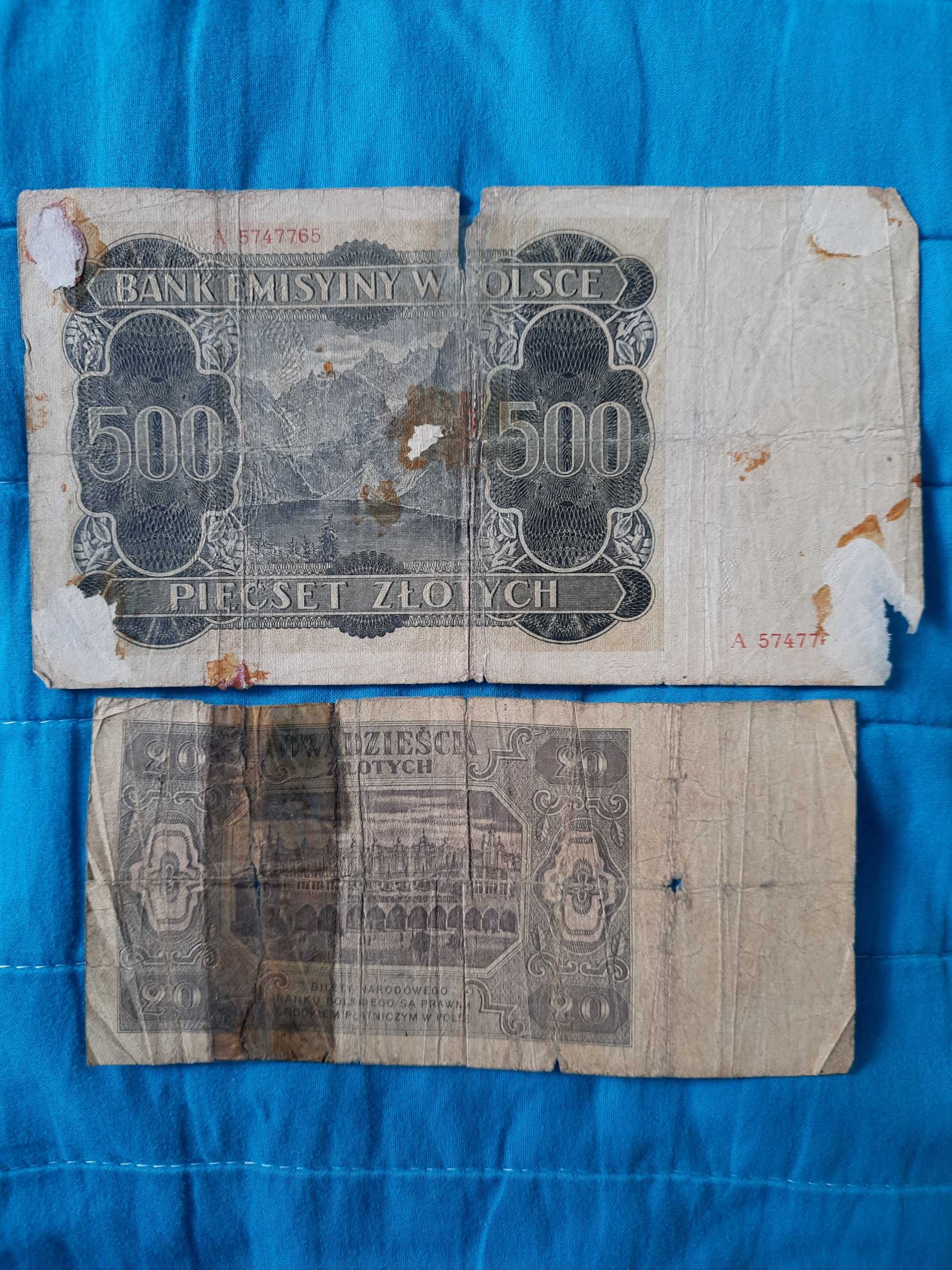 stare polskie banknoty PRL okupacja 500 zł 1940 Góral 20 zł 1948