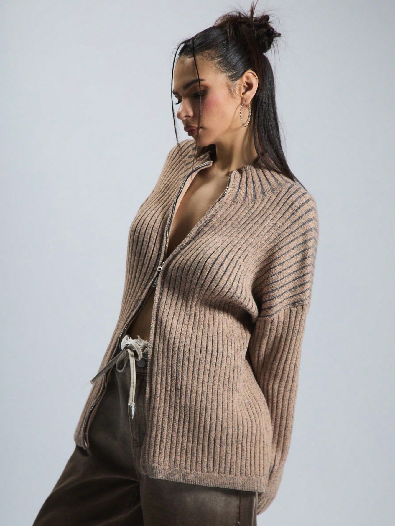 Kardigan Sweterek Rozpinany Se Stójką Brązowy Casual Musera Xs 34