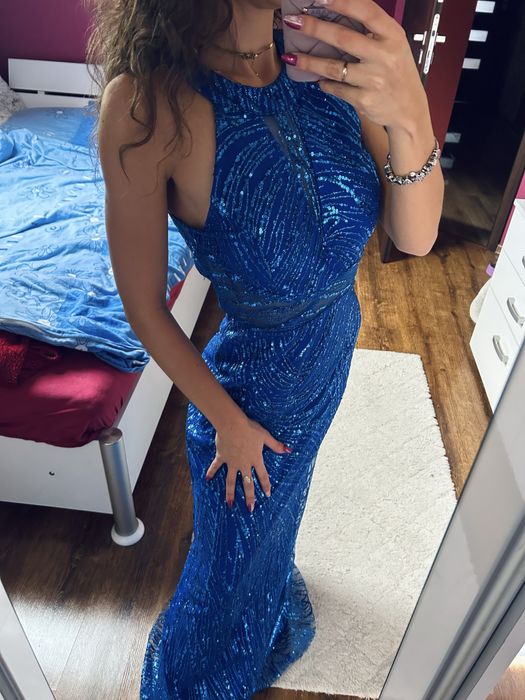 Sukienka maxi długa zdobiona niebieska cekiny brokat s m syrenka butik