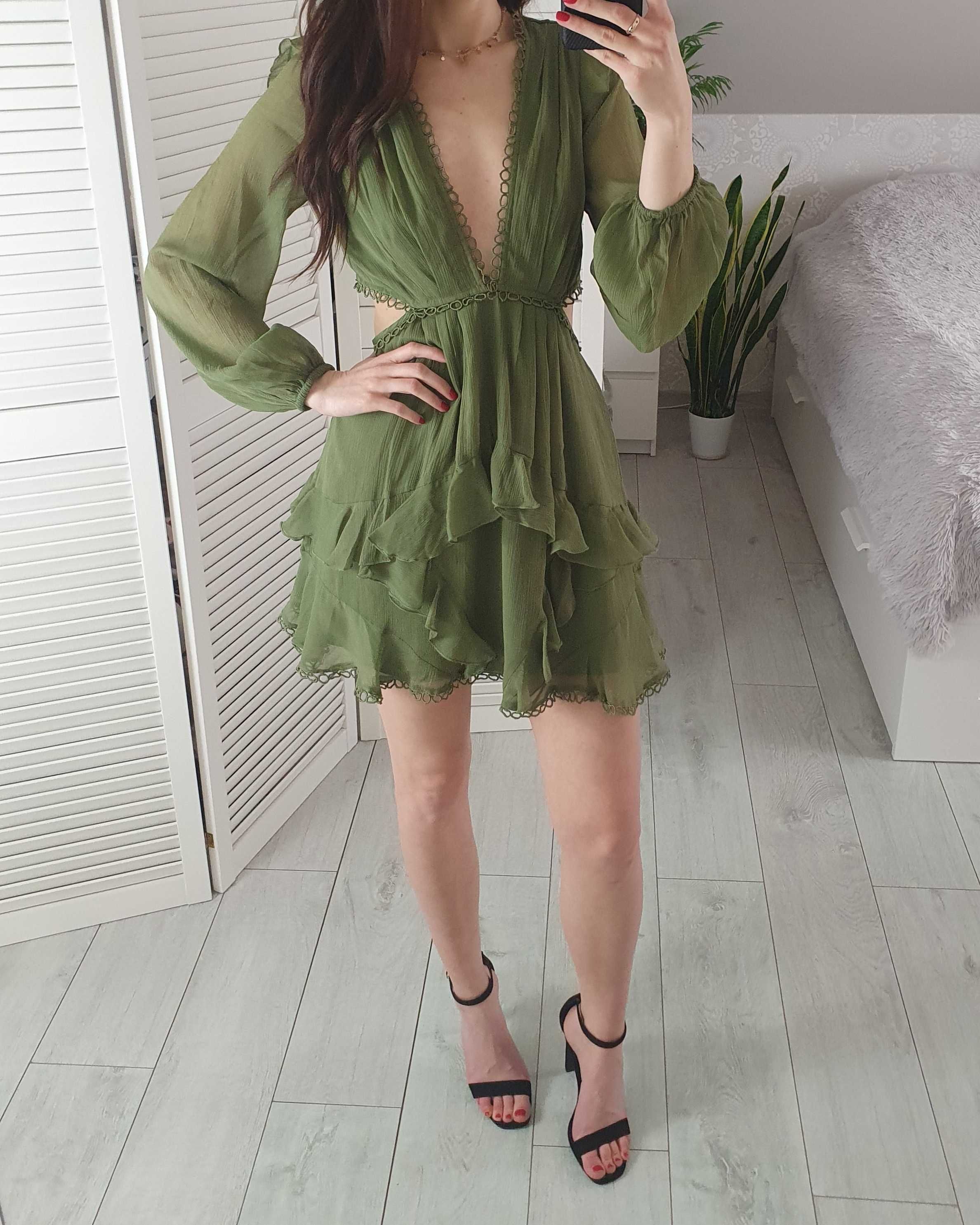 Asos szyfonowa khaki krótka sukienka wycięciem na plecach dekoltem 34