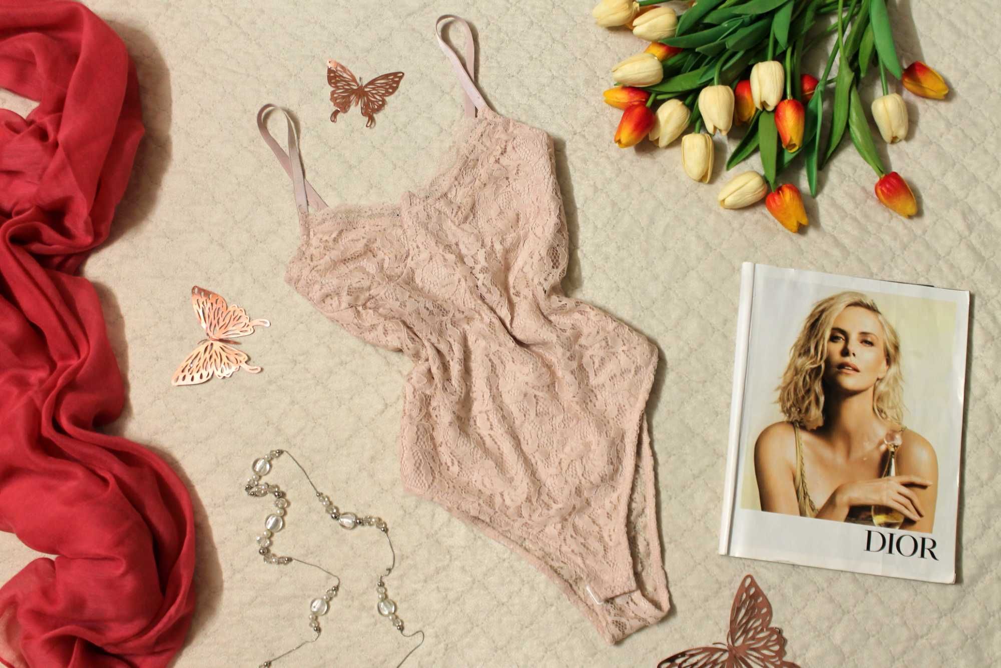 Primark Brzoskwiniowe Body Na Ramiączkach Koronkowe Ażurowe XS/M