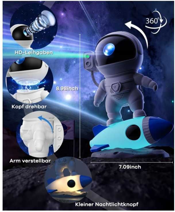 Projektor gwieździstego nieba, głośnik Bluetooth, astronauta z rakietą