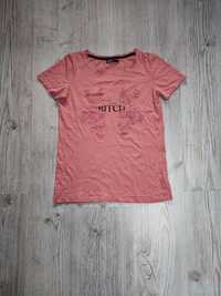 Cropp XS 34 S 36 koszulka damska t-shirt kwiaty napis różowa print