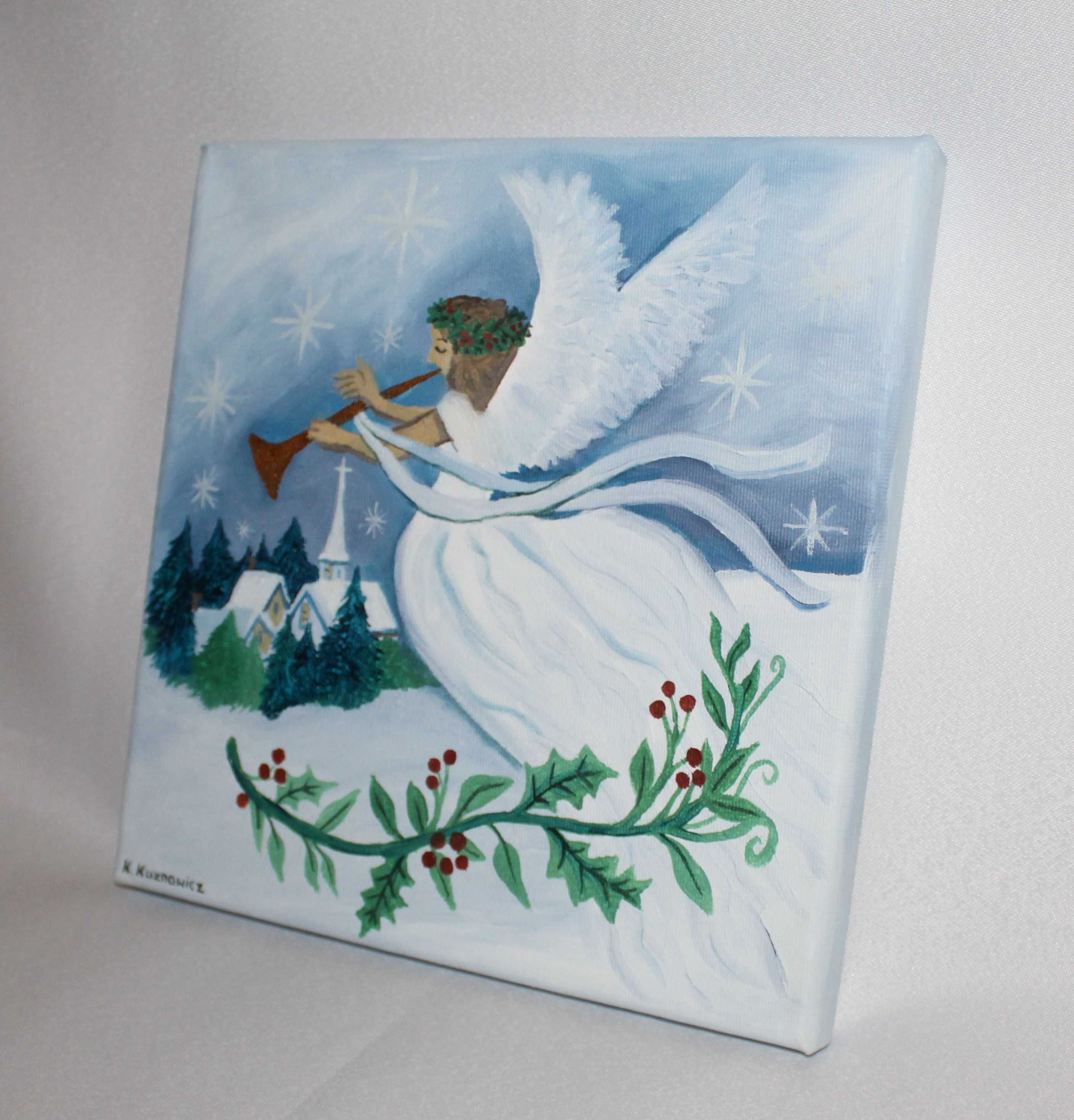 Obraz olejny świąteczny zimowy anioł / aniołek pokoju Boże Narodzenie
