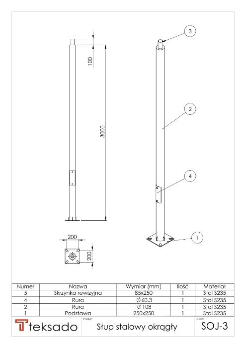 Słup oświetleniowy okrągły jednolity ocynkowany SOJ  3m
