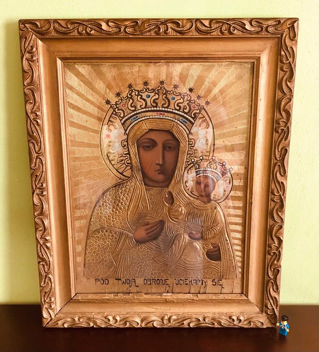 Matka Boska Częstochowska zabytkowy duży stary OBRAZ IKONA XIX/XX wiek