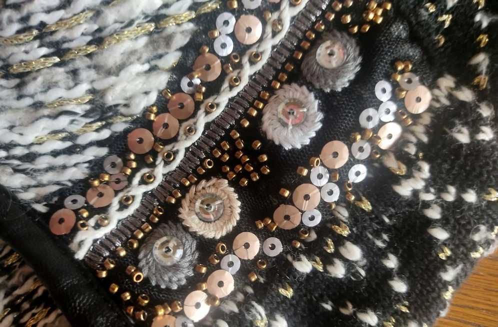 stylowa narzutka żakiet dzianinowy srebrna nitka dżety cekiny H&M r.L