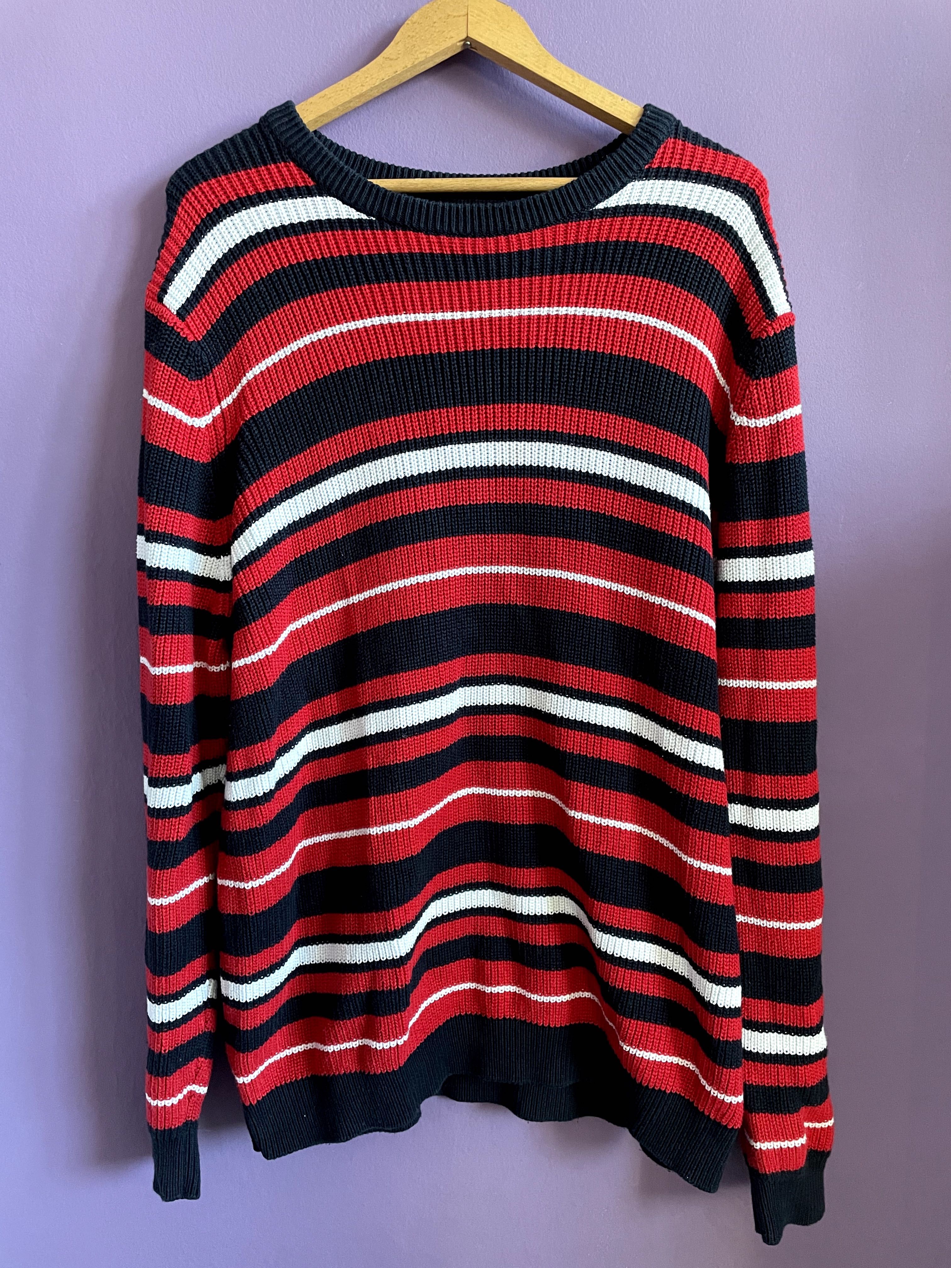 Gruby bawełniany sweter długi oversize w paski bawełna XL red Herring