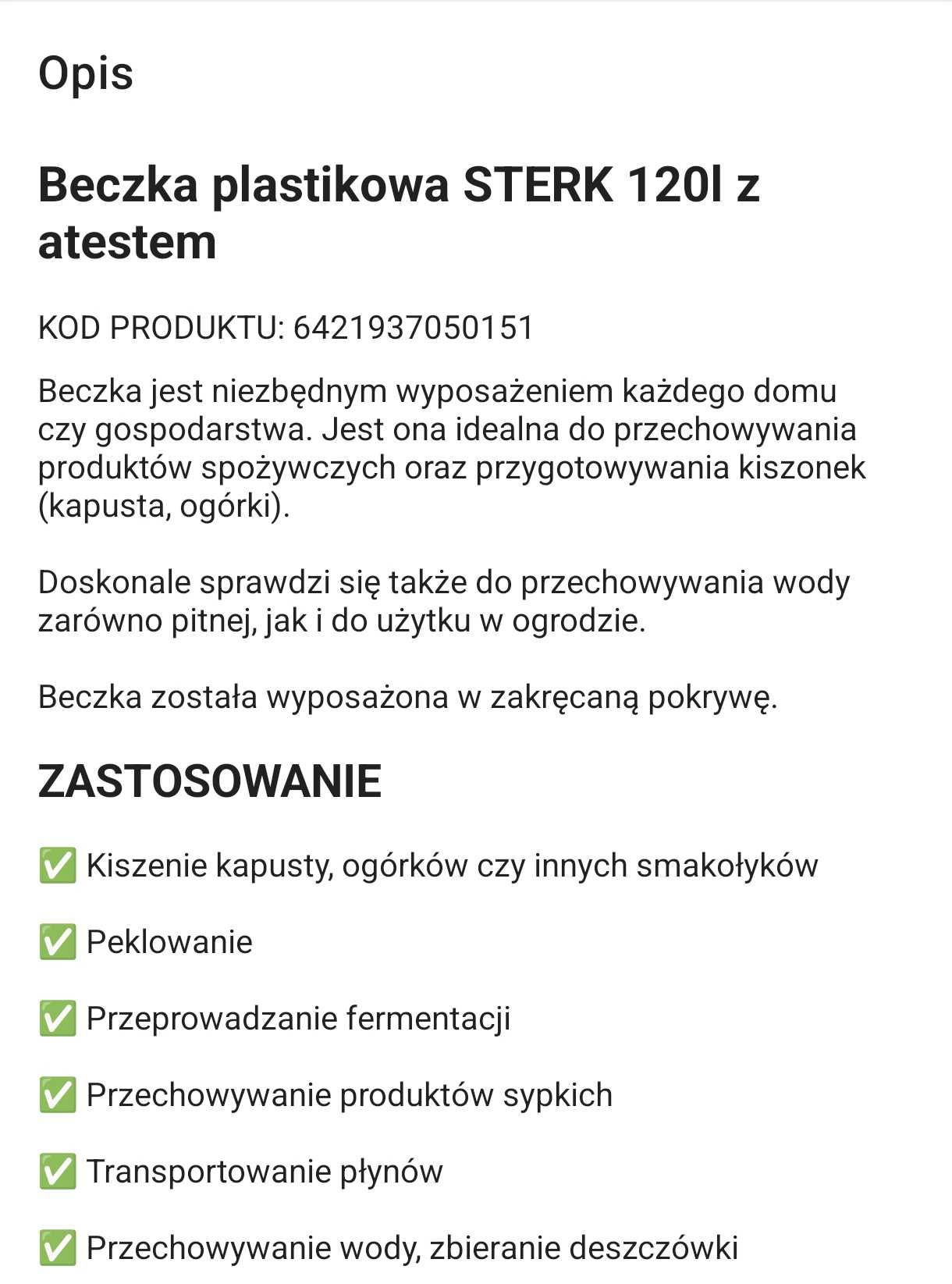 Beczka plastikowa STERK 120l z atestem