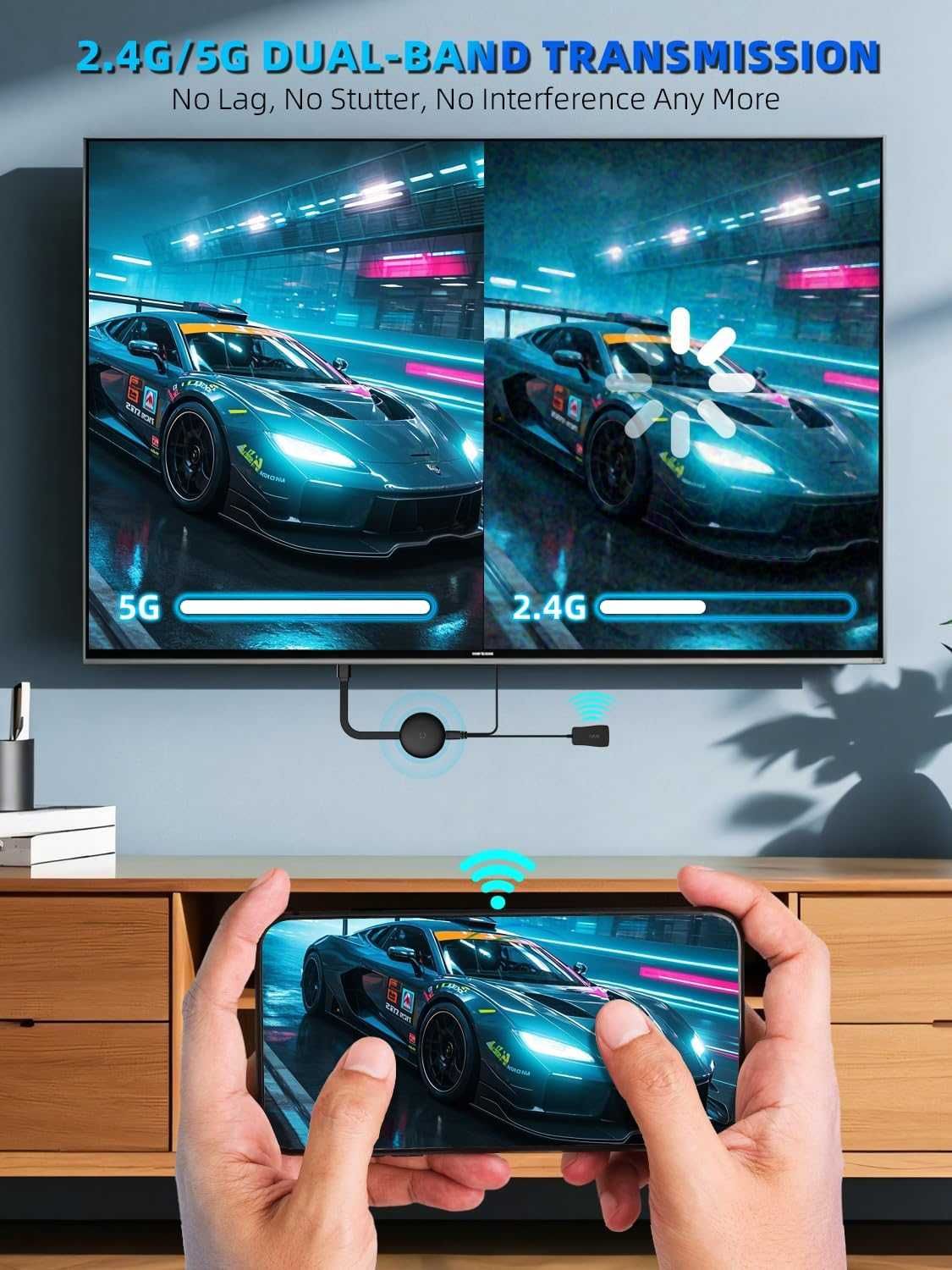 Bezprzewodowy adapter HDMI, 2,4/5 GHz 1080P WiFi Display Dongle