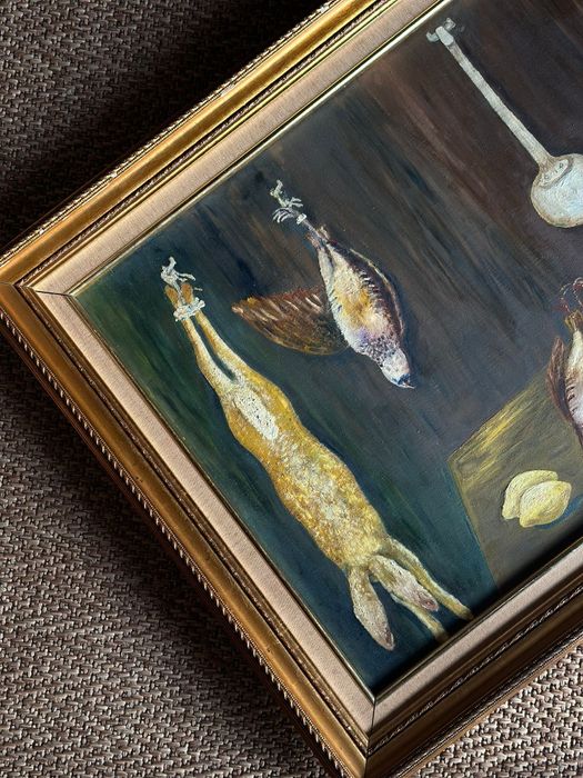Quadro pintura óleo assinada lebres e perdizes
