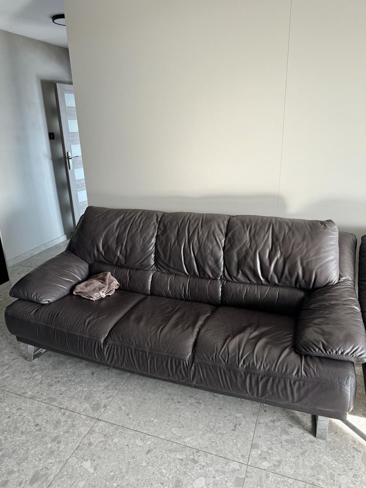 Sofa i fotel brązowa skóra naturalna