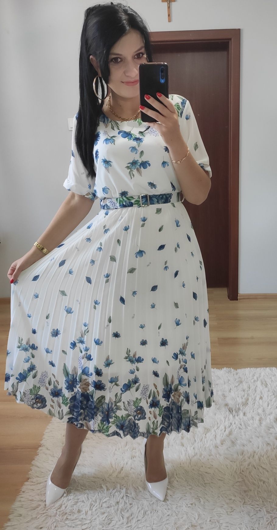 Sukienka MIDI w kwiaty pasek wesele komunia chrzciny