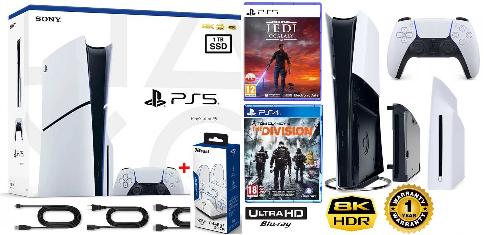 PS5 Slim 1TB 2016 + 2gry + pad Dualsense + ładowarka na 2 pady+ ROK GW