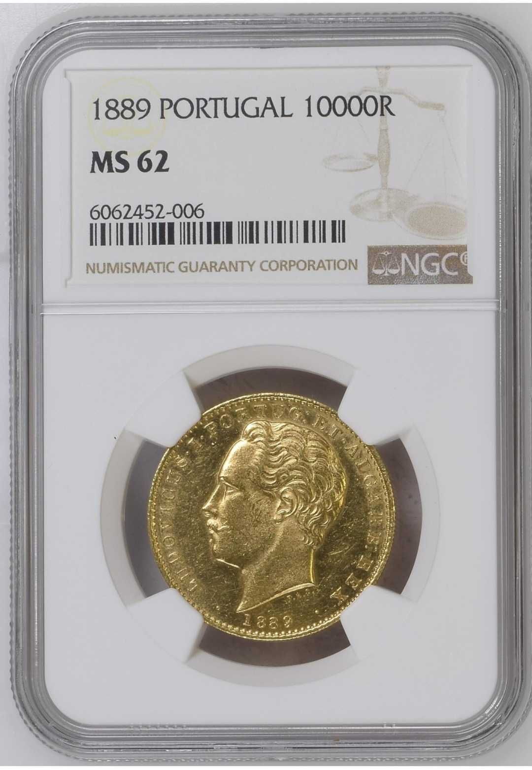 Moeda ouro D Luis I 10.000 Réis (NGC) 1889 data chave