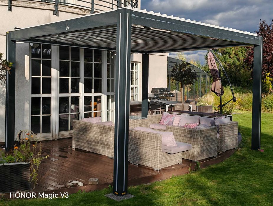 Pergola aluminiowa 5x4m, lamelowa, elektryczna, LED, 3 rolety ZIP, bio