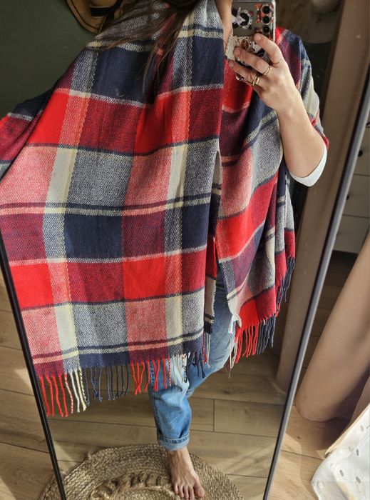 Nowy Duży Miękki Szal Pled w Czerwoną Kratę Granat Szary Cotton Trader