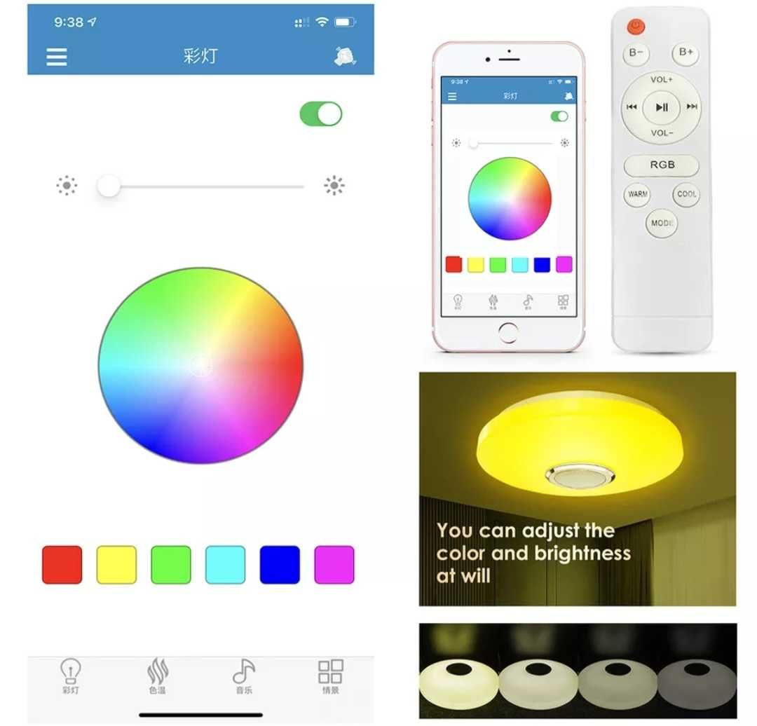 Led candeeiro teto rgb e coluna som bluetooth + app