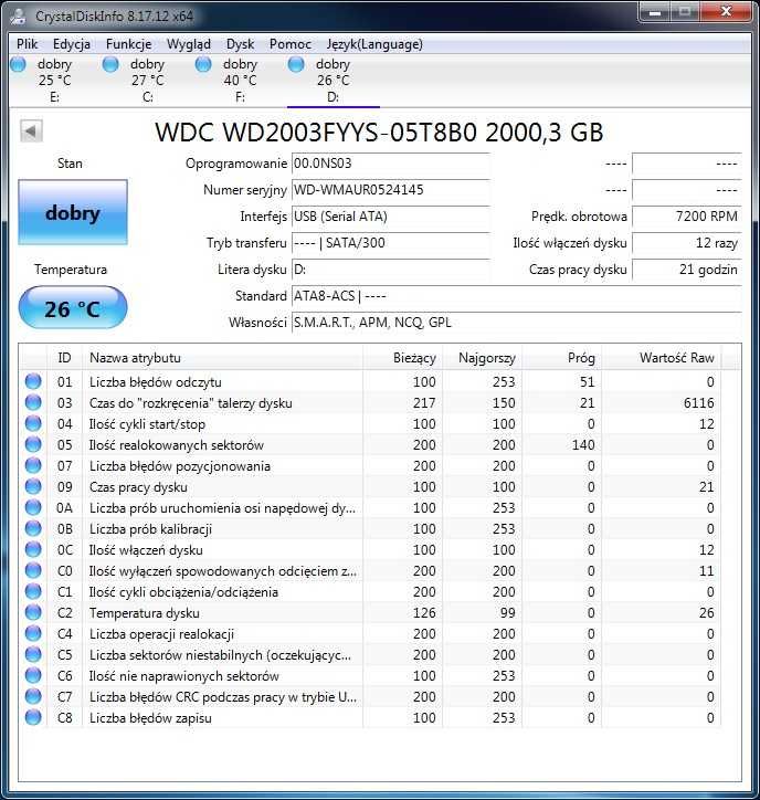 Dysk 2TB WD2003FTBYYS  SATA 3,5" 7200RPM mało używany