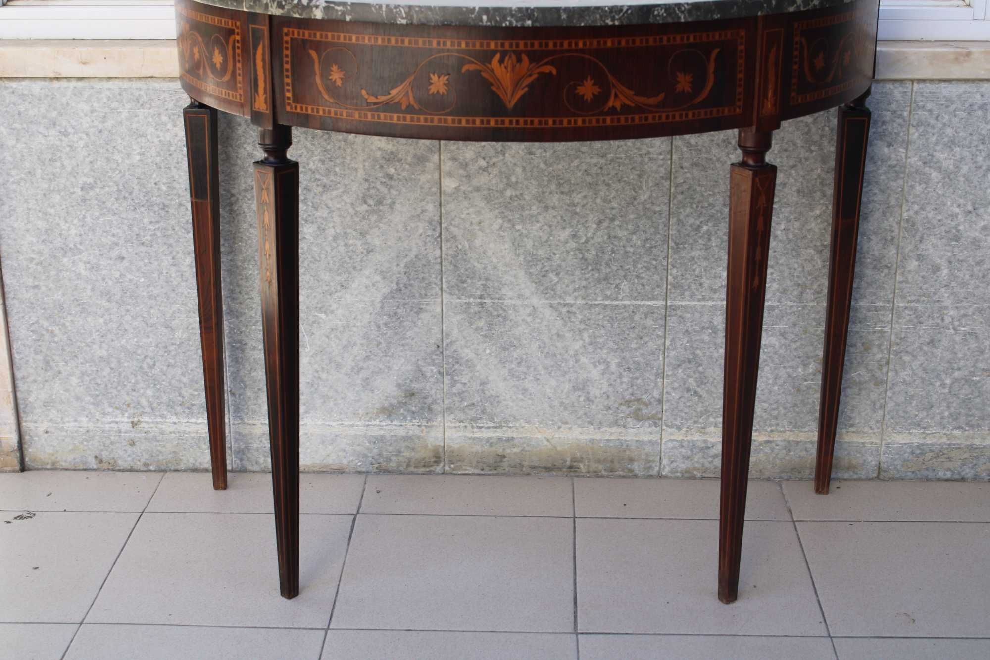 Mesa Dona Maria 1/2 Lua de encostar, embutidos pau Santo, Rosa e Cetim