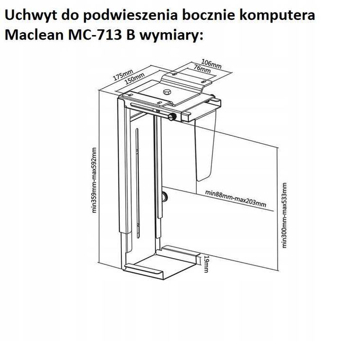 Uchwyt do podwieszenia bocznie komputera Maclean MC-713 B, czarny 1szt
