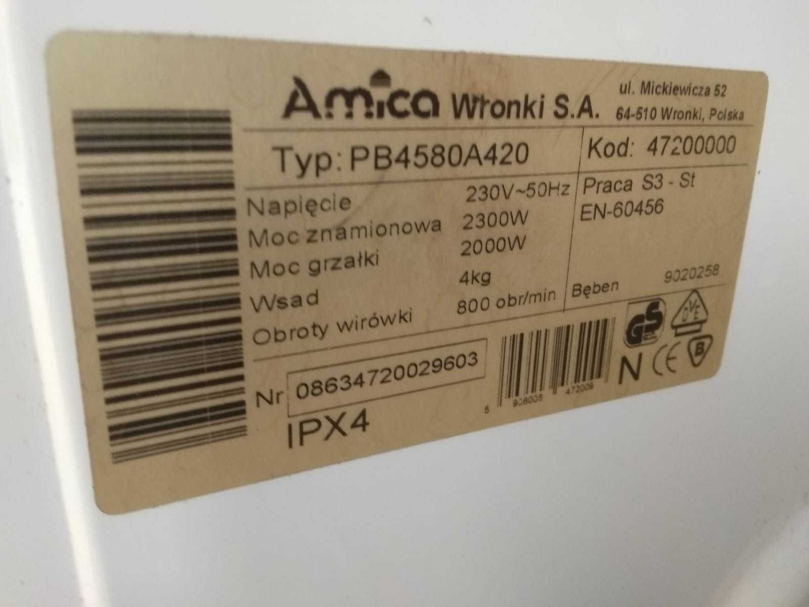Pralka Amica PB458A420 silnik pasek szuflada blacha przód pompaFartuch