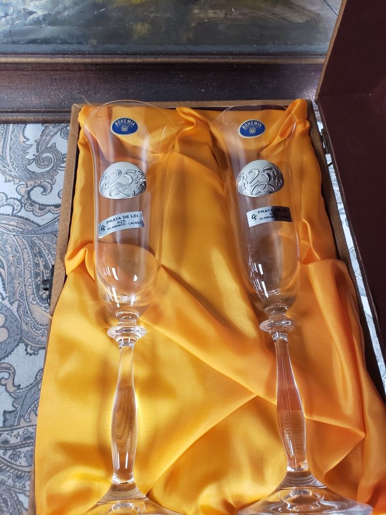 Bodas de Prata  2 flutes cristal e prata