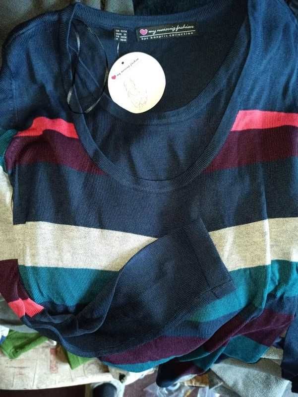 Cienki dzianinowy sweter ciążowy do karmienia kolorowy BonPrix paski