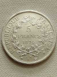 5 франков 1874 год. Франция серебро.