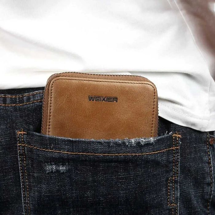 Carteira masculina de couro com zíper, grande capacidade