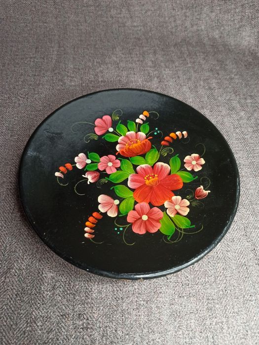 Stary ręcznie malowany talerz kwiaty Papier mache