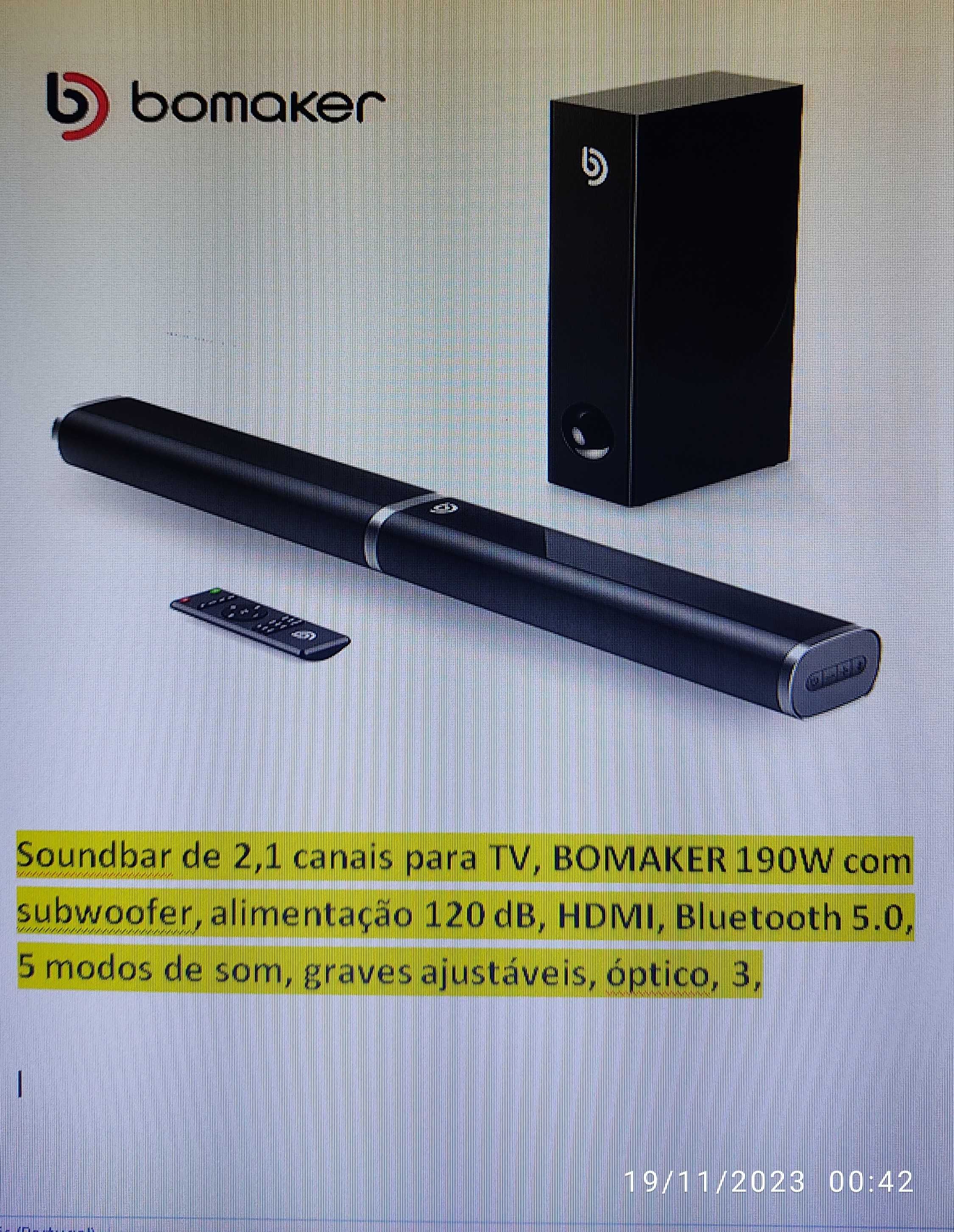 Vendo Soundbar BOMAKER 190W com subwoofer