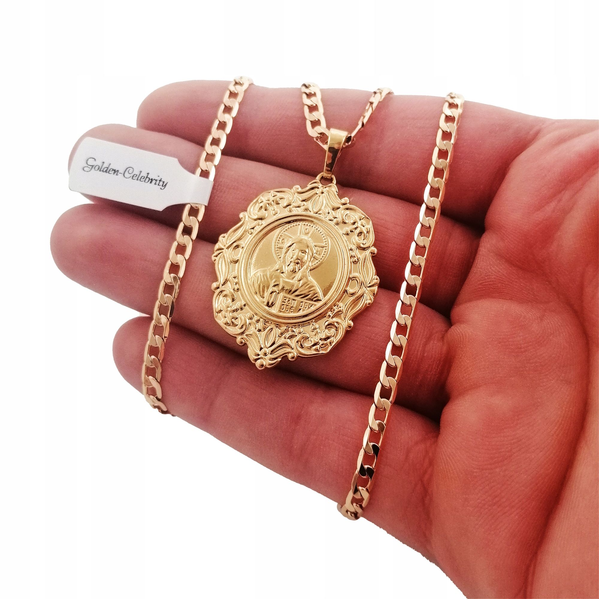 Złoty Łańcuszek Pancerka+medalik Jezus 18k 45cm3mm