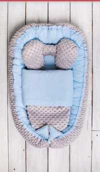Kokon+kołderka+poduszka niemowlęcy błękitny minky