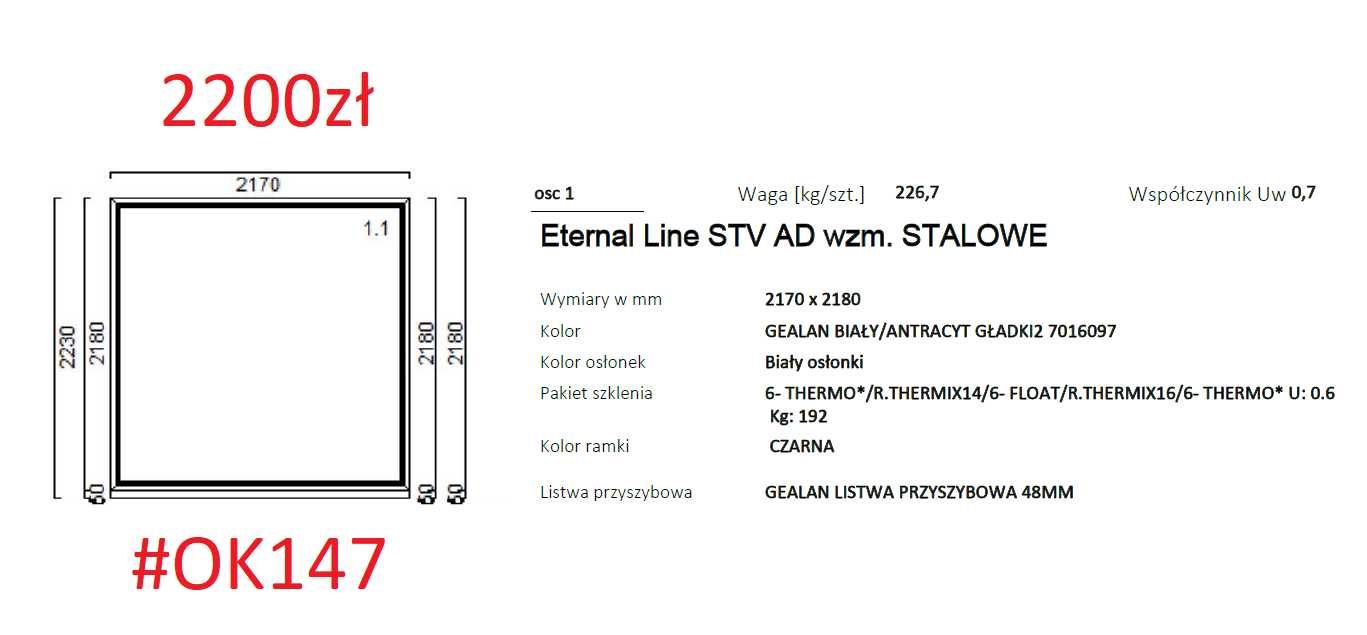 Okno stałoszklone 2170x2180 biały/antracyt 3 szyby