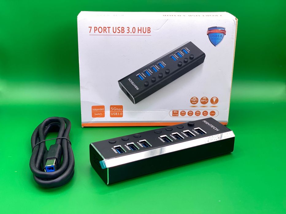 Aluminiowy hub USB 3 z zasilaczem 24W, 7 portów. Nowy