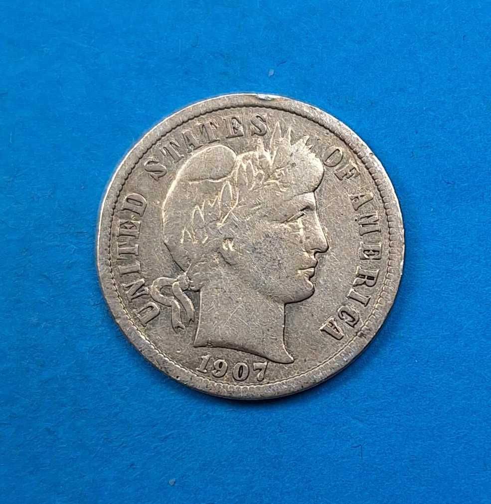 USA One Dime Barbera rok 1907, dobry stan, srebro 0,900