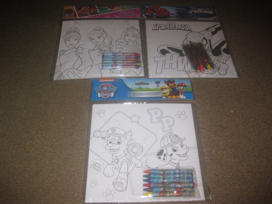 3 Telas para Colorir/Princesas da Disney, Spider-Man e Paw Patrol