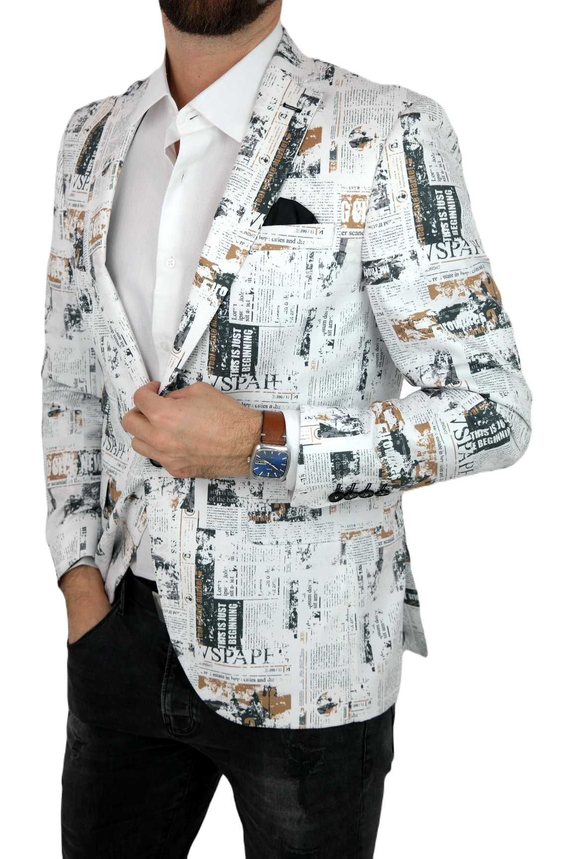 GIOVANNI PERA Marynarka Męska D620 Gazeta, Biała, Kolorowa, Elegancka