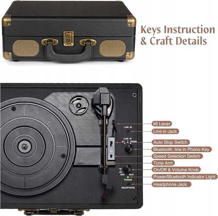 Gramofon Retrolife 3-biegowy, 33/45/78 wbudowane glosniki, bluetooth