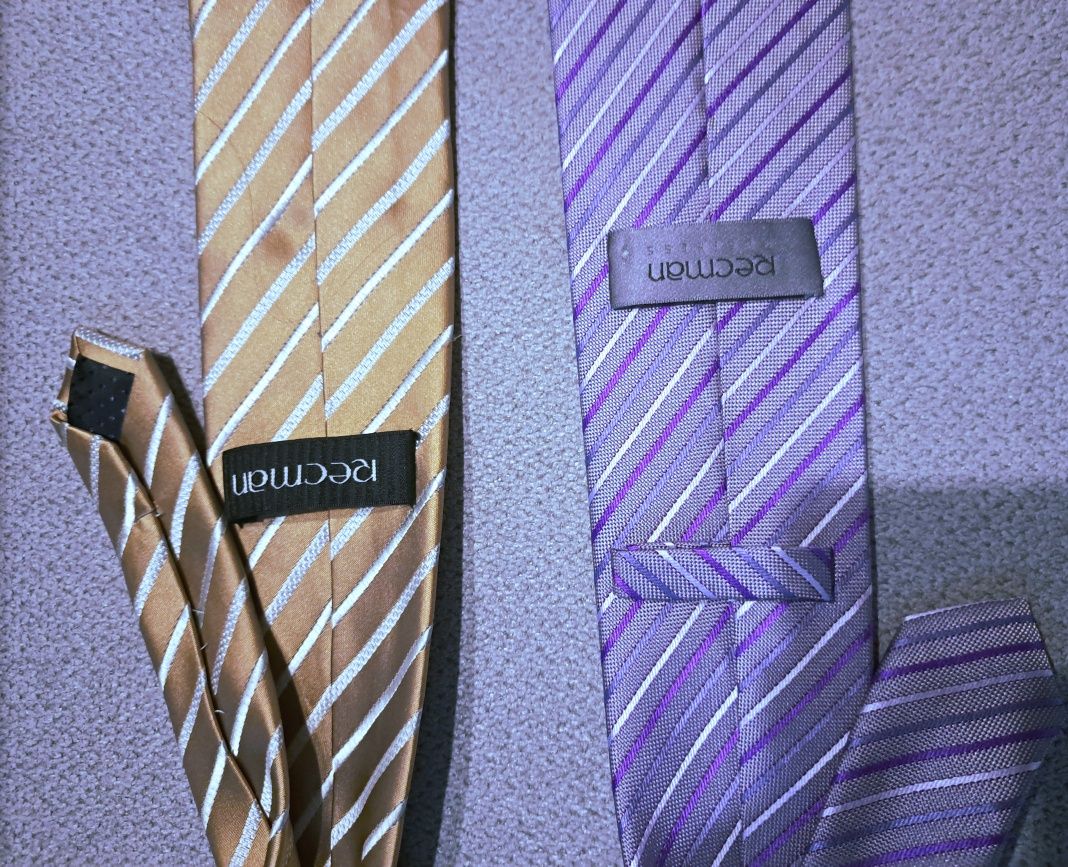 Krawaty męskie eleganckie Recman złoty, fioletowy, dwa wzory, 20zl.