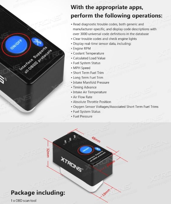 Interface de Diagnóstico Bluetooth OBD2 Xtrons com botão On/Off