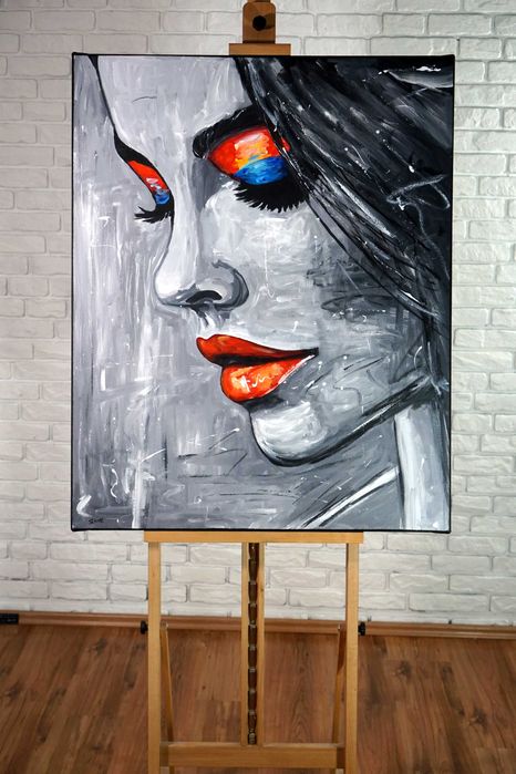 Duży oryginalny ręcznie malowany obraz olejny portret pięknej kobiety